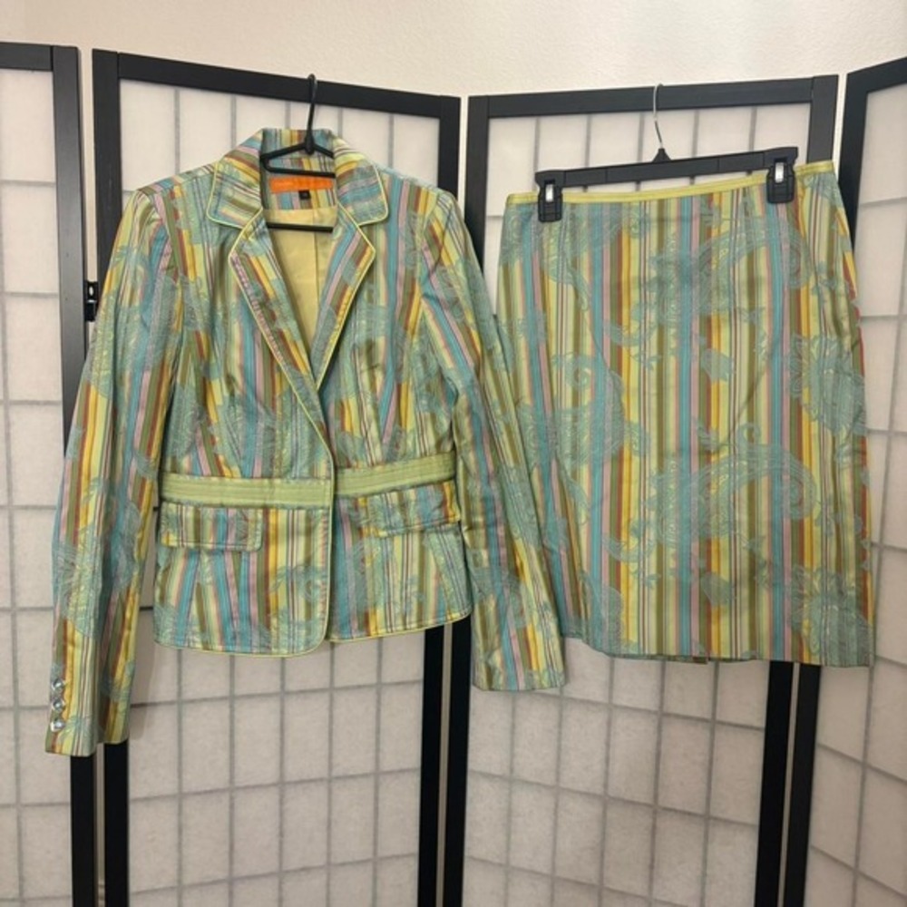 Cynthia Steefe Size 8 / M‎ Green Striped Pastel Rhinestone Skirt Suit 80s Vtg